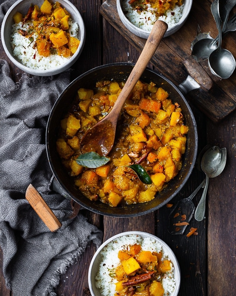 A dark cooking pan with a wooden handle filled with yellow and orange cooked vegetable pieces in a thick sauce, including visible whole spices like cinnamon sticks and bay leaves, with a wooden spoon resting in the pan. Surrounding the pan are three white bowls filled with a white rice base topped with the same vegetable mixture. The background is a dark wooden table with two metal spoons and a fork nearby and a gray cloth to the left side. Photo taken with an iphone --ar 4:5 --v 7
