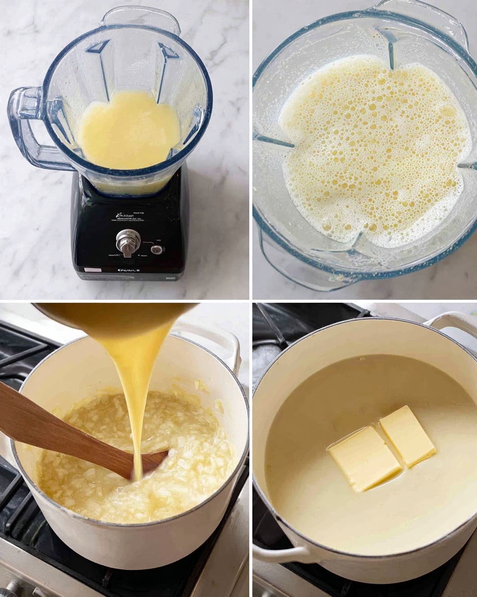 The image shows a sequence of four photos in a 2x2 grid depicting a cooking process. The top-left photo shows a black blender with a transparent container filled with a light yellow liquid on a white marbled countertop. The top-right photo is a close-up looking down into the blender container, revealing the light yellow liquid frothy with small bubbles. The bottom-left photo presents a white pot on a stove with a thick pale yellow mixture being poured in from the blender, mixed with sautéed onions, stirred by a wooden spoon. The bottom-right photo shows the same white pot with the creamy yellow mixture now smooth and two small square pieces of butter melting on the surface, with the wooden spoon resting inside the pot. Photo taken with an iphone --ar 4:5 --v 7