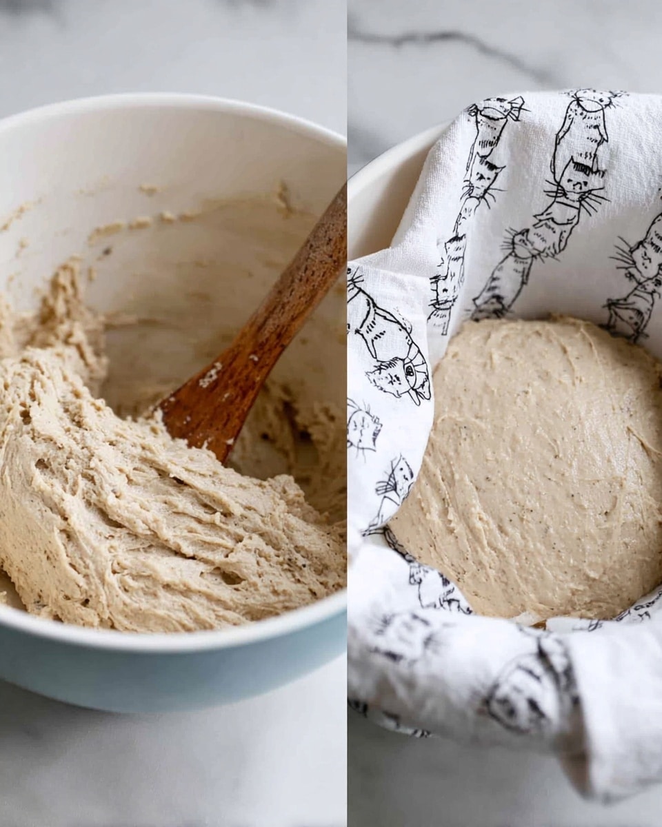 The image shows two close-up views of a thick beige dough mixture in a white bowl with a wooden spoon inside. On the left side, the dough looks rough and uneven with visible small lumps, being mixed or stirred by the spoon. On the right side, the dough is smoother and covered with a white cloth that has black cat drawings on it, partially lifted to reveal the dough beneath. The bowl sits on a white marbled surface. photo taken with an iphone --ar 4:5 --v 7