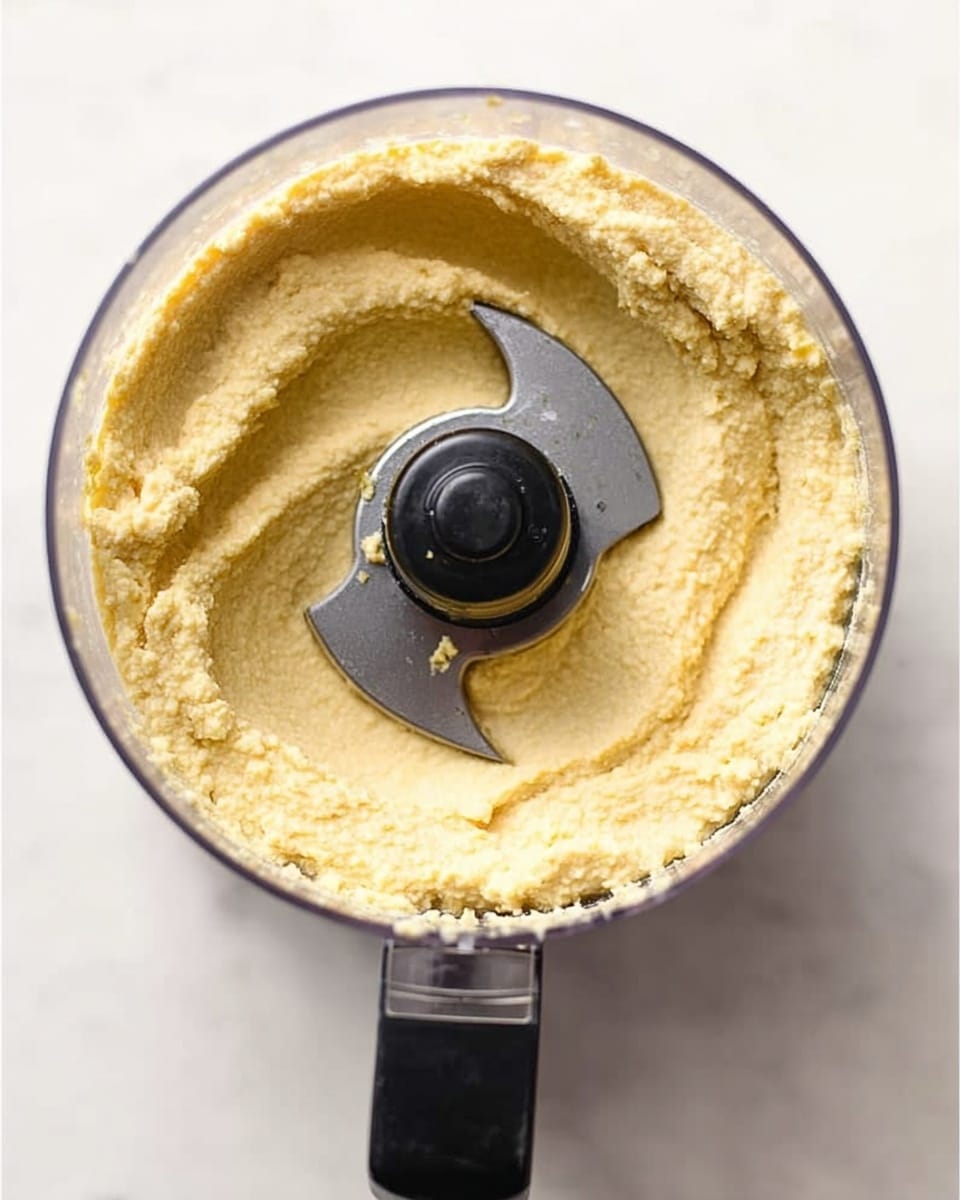 A clear food processor bowl filled with a smooth, creamy pale yellow hummus, evenly spread around the central black metal blade, showing a soft and slightly grainy texture. The bowl has a black handle on one side and rests on a white marbled surface, with the hummus forming a gentle swirl pattern near the blade. The photo is taken from above, capturing the entire bowl and its contents in sharp detail. photo taken with an iphone --ar 4:5 --v 7