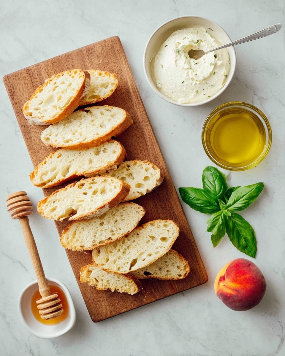 A wooden cutting board lies on a white marbled surface holding eight slices of light golden bread with a soft, holey texture. Above the board, there is a white bowl filled with creamy white spread and a spoon inside. To the right of the bowl, a small white dish contains honey with a wooden honey dipper resting in it. Nearby, fresh green basil leaves and a bright red peach with a soft sheen are placed next to a clear glass bowl filled with golden olive oil. Photo taken with an iphone --ar 4:5 --v 7