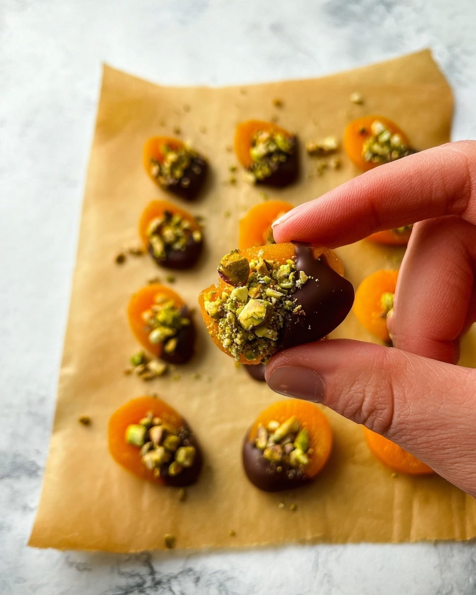 A woman's hand holds a single dried apricot that is half dipped in shiny dark chocolate and topped with crushed green pistachios. Below, several more pieces of apricots with the same chocolate and pistachio topping are arranged on a light tan parchment paper, which rests on a white marbled surface. The bright orange color of the apricots contrasts with the deep brown chocolate and the vibrant green pistachio pieces, creating a colorful, textured look. photo taken with an iphone --ar 4:5 --v 7
