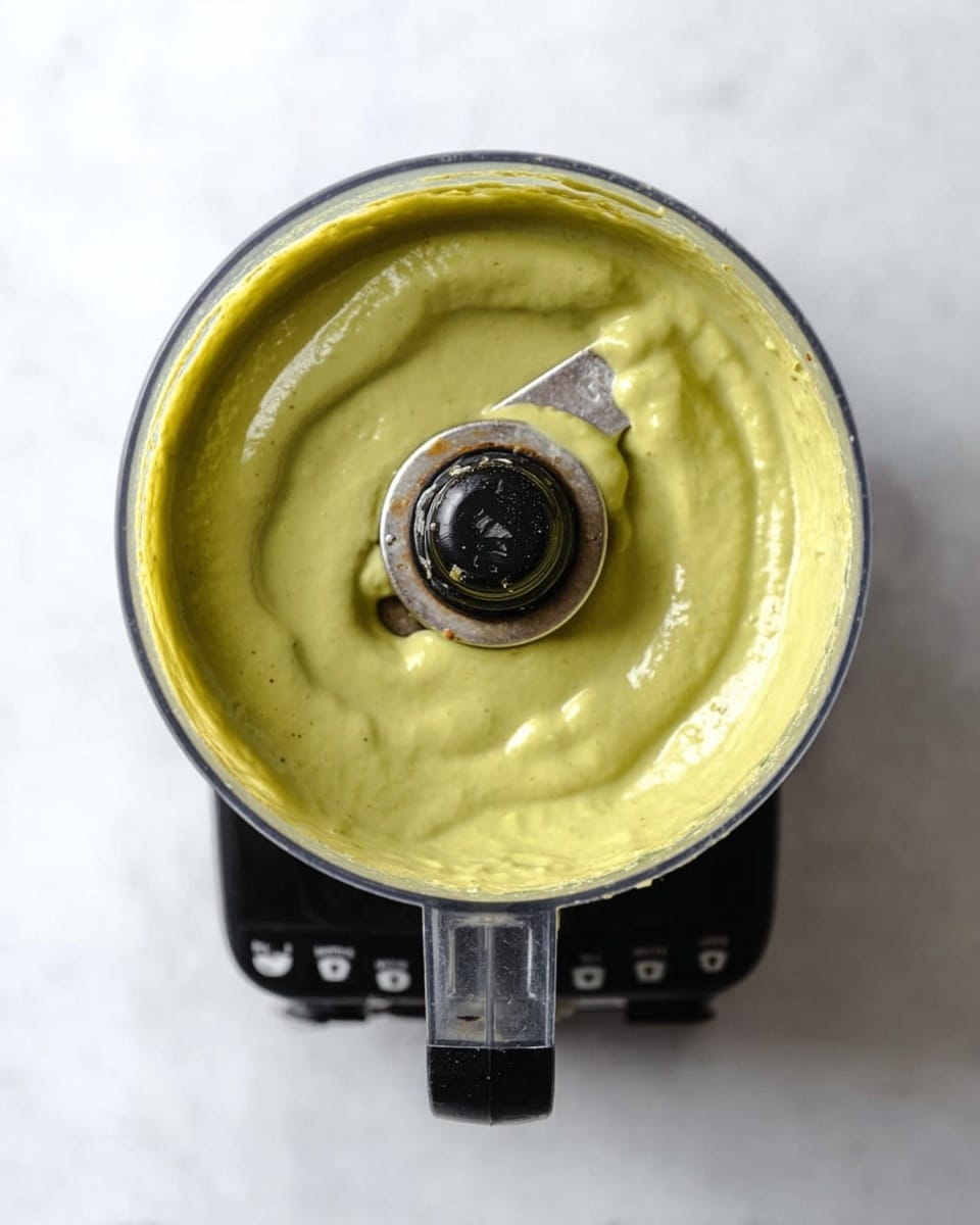 A top view of a black food processor filled with thick green creamy mixture. The creamy layer is smooth with some small bubbles and a slightly glossy texture. The sharp metal blade in the center is partially covered by the green mixture, and the black base of the food processor has buttons labeled Off, Lo, Hi, and Pulse. The food processor sits on a white marbled surface. photo taken with an iphone --ar 4:5 --v 7