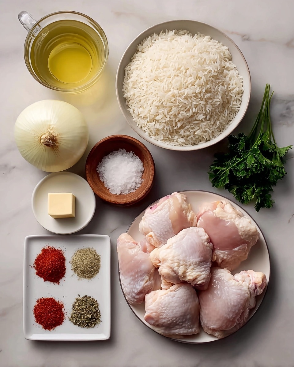 The image shows nine raw chicken pieces with pale pink skin arranged on a white plate on the bottom right. Above it, a white bowl is filled with uncooked white rice grains, with a green parsley sprig behind it. To the left of the rice bowl, there is a glass cup with light yellow broth. Below the broth, a whole peeled white onion and a small white dish with a square piece of butter are placed. Next to the onion, a small clear bowl holds white salt, and a wooden bowl contains chopped garlic. At the bottom left, a rectangular white plate has three spices lined up: red chili powder, light brown ground pepper, and green dried herbs. All ingredients lay on a white marbled surface. Photo taken with an iphone --ar 4:5 --v 7