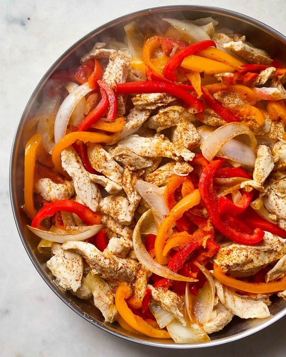 A round pan filled with cooked strips of white chicken meat layered with vibrant bell peppers in red, orange, and yellow colors, along with slices of white onion scattered throughout; the chicken pieces have a slightly browned texture with visible seasoning dusting, and light steam rises from the mixture, all placed on a white marbled surface. photo taken with an iphone --ar 4:5 --v 7