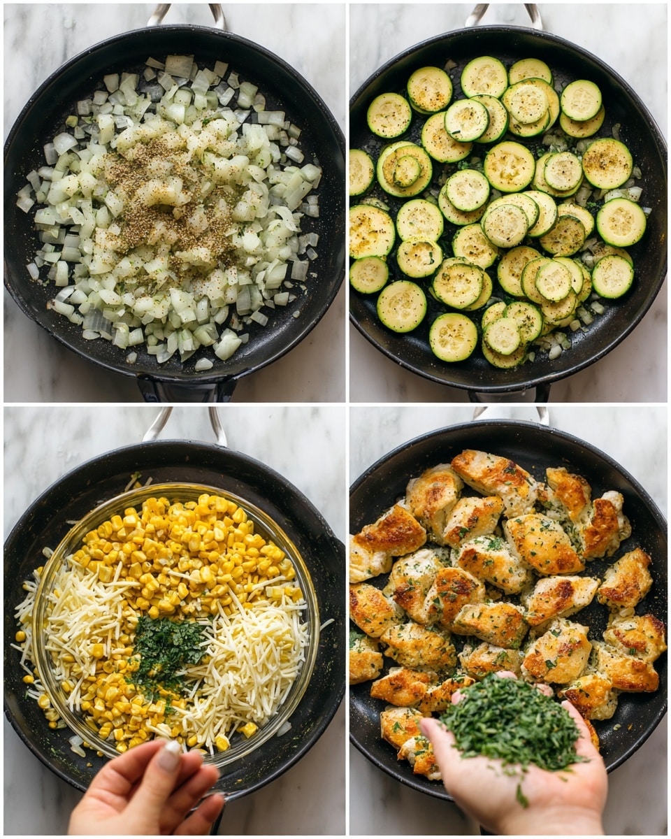 The image shows a step-by-step cooking process in a black skillet on a white marbled surface. First, the skillet has a layer of small chopped onions being cooked, light in color with a soft texture. Next, thin round slices of zucchini with green edges and pale centers are added in a single layer covering the onions. Seasoning is sprinkled over the zucchini, creating a speckled effect. In a clear glass bowl, cooked zucchini slices are mixed with bright yellow corn kernels. The skillet then contains lightly browned cooked chicken pieces arranged in a scattered layer with a golden surface. On top of the chicken, a mix of cooked zucchini slices and corn kernels is spread evenly, covering the chicken partially. Then, a layer of shredded white cheese spreads over the zucchini and corn mix in the skillet, followed by another light layer of the zucchini and corn mixture. The last image shows a woman's hand holding fresh, finely chopped green herbs above the skillet, ready to add as a final garnish. photo taken with an iphone --ar 4:5 --v 7