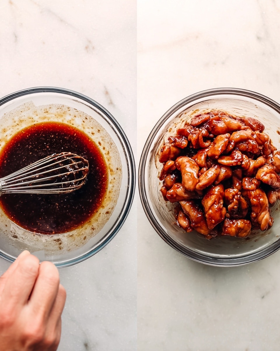 The image shows two clear glass bowls on a white marbled surface. The bowl on the left contains a dark brown liquid sauce being mixed with a small metal whisk held by a woman's hand from the bottom of the frame. The bowl on the right holds many pieces of raw chicken coated evenly with the same dark sauce, giving them a shiny, reddish-brown color. Both bowls have a simple, round shape, and the background is softly lit with no other items around. Photo taken with an iphone --ar 4:5 --v 7