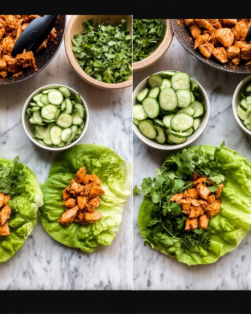 The image shows two close-up views of a butter lettuce leaf in the center on a white marbled surface. Each leaf has a small pile of orange-brown cooked chicken pieces on top, and the right leaf also has layered green cucumber slices and bright green cilantro leaves on it. Surrounding the leaves are white bowls filled with sliced cucumbers, bright green chopped herbs, and cilantro. A tan pan with more cooked chicken pieces is in the upper left corner of the image, and black tongs rest inside the pan. The colors are mainly fresh greens and warm orange-brown meats against the white marbled texture background. Photo taken with an iphone --ar 4:5 --v 7