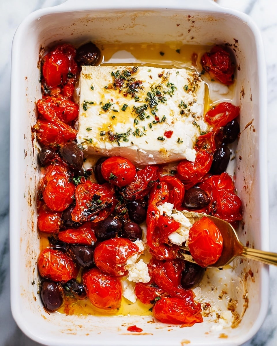 The image shows a white rectangular baking dish with a block of white cheese in the center, topped with light herbs and oil. Surrounding the cheese are bright red roasted cherry tomatoes and dark purple olives, all softened and shiny from cooking. In the first image, a golden fork is pressing down on some of the tomatoes and olives in the corner, and in the second image, a silver spoon is scooping some of the creamy cheese and tomatoes from the dish. The surface under the dish is a white marbled texture. Photo taken with an iphone --ar 4:5 --v 7