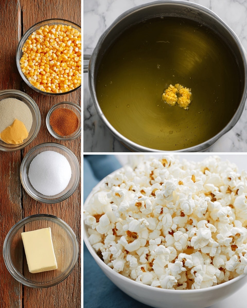 The image shows three side-by-side photos: the first photo has six small clear bowls with ingredients for popcorn—yellow popcorn kernels, salt, a reddish-brown spice, softened yellow butter, vanilla extract, and white sugar—arranged on a wooden table. The second photo shows a close-up of a metal pot with hot oil, where two yellow kernels float on the surface. The third photo shows a white bowl full of fluffy white popped popcorn with some brown spots, all set on a white marbled surface. Photo taken with an iphone --ar 4:5 --v 7