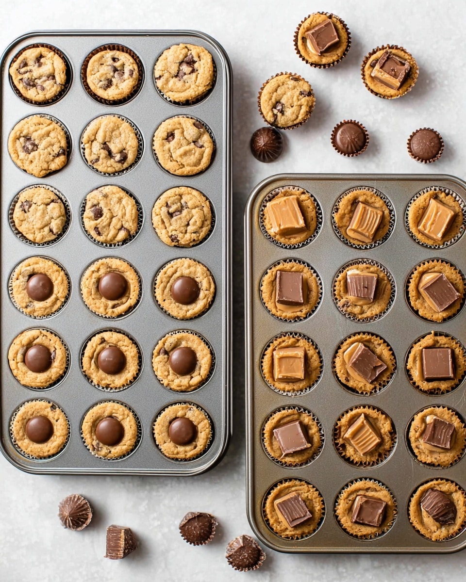 The image shows two metal baking trays each with 24 small round chocolate chip cookie cups. The cookie cups have a golden brown texture with chocolate bits visible. In the right tray, some of the cookie cups are topped with different chocolates: square, round swirl chocolate candies, and round peanut butter cup chocolates. The trays are placed on a white marbled surface, with some chocolate candies visible on the side. The overall view is bright and clear, showing the texture and color contrast between the cookie cups and chocolates. photo taken with an iphone --ar 4:5 --v 7