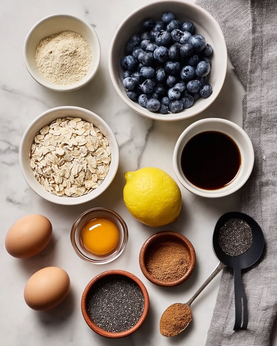 The image shows a top-down view of various ingredients neatly arranged on a white marbled surface. There are nine containers including three white bowls filled with fresh blueberries, a dark liquid, and a lemon resting solo on one empty white bowl. Two small wooden bowls hold chia seeds and rolled oats, while two small terracotta bowls contain eggs and poppy seeds. A small clear glass holds a brown liquid, and a black scoop is filled with poppy seeds placed next to the terracotta bowls. At the bottom right, a silver spoon carries a small pile of brown powder. A gray cloth is draped to the right side of the layout. photo taken with an iphone --ar 4:5 --v 7