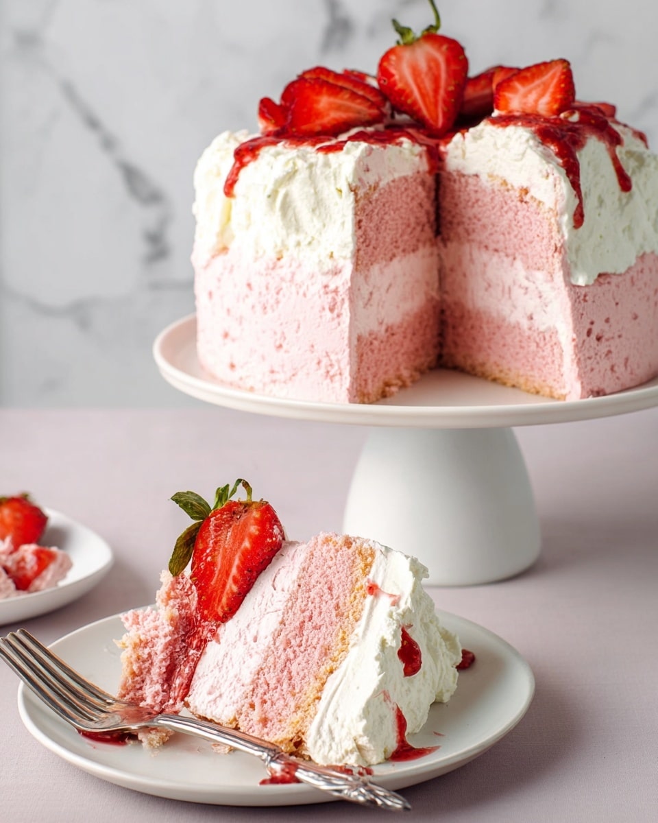 The cake has three main layers: the bottom and sides are light brown with a rough texture, looking like a sponge or mousse. The top layer is thick white cream, spread unevenly on top. Over the cream, there is a bright red strawberry sauce dripping down one side. On top of the sauce, there are fresh strawberries, some whole and some halved, arranged in a loose circle around the edge. The cake sits on a white cake stand with a simple design, placed on a white marbled surface with three strawberries next to the stand. Photo taken with an iphone --ar 4:5 --v 7