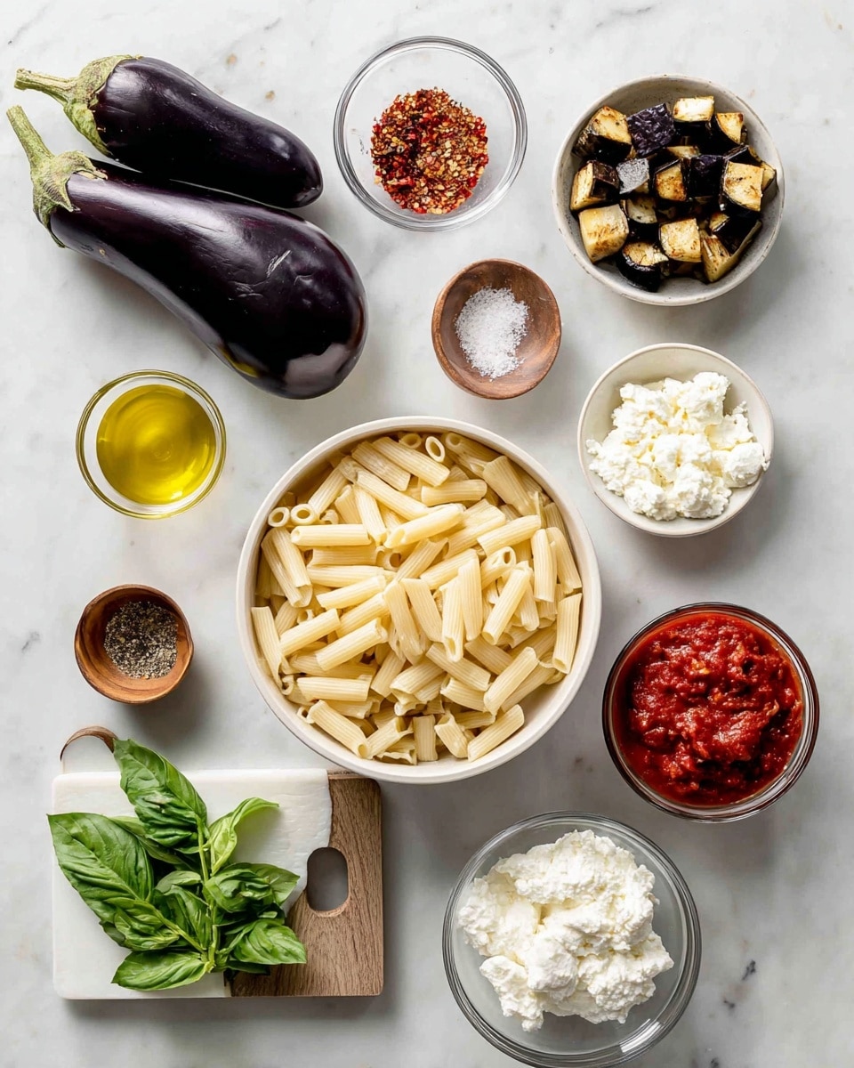 The image shows two sets of ingredients on a white marbled surface. On the left side, there are two large, dark purple eggplants placed diagonally with a small white bowl of golden olive oil above them, a small clear glass dish of dried red pepper flakes, and a small wooden bowl filled with salt and black pepper. On the right side, a white pot filled with pale yellow ziti pasta is centered, surrounded by a white bowl of crumbled mozzarella cheese above, a small white bowl of creamy whole milk ricotta cheese to the right, and a clear glass bowl of roasted cubed eggplant next to it. Near the bottom right, a clear glass container holds red homemade tomato basil sauce, while fresh green basil leaves lie on a white wooden board along with a small white bowl of kosher salt and black pepper. The items are neatly arranged and labeled, all set on the same white marbled texture photo taken with an iphone --ar 4:5 --v 7