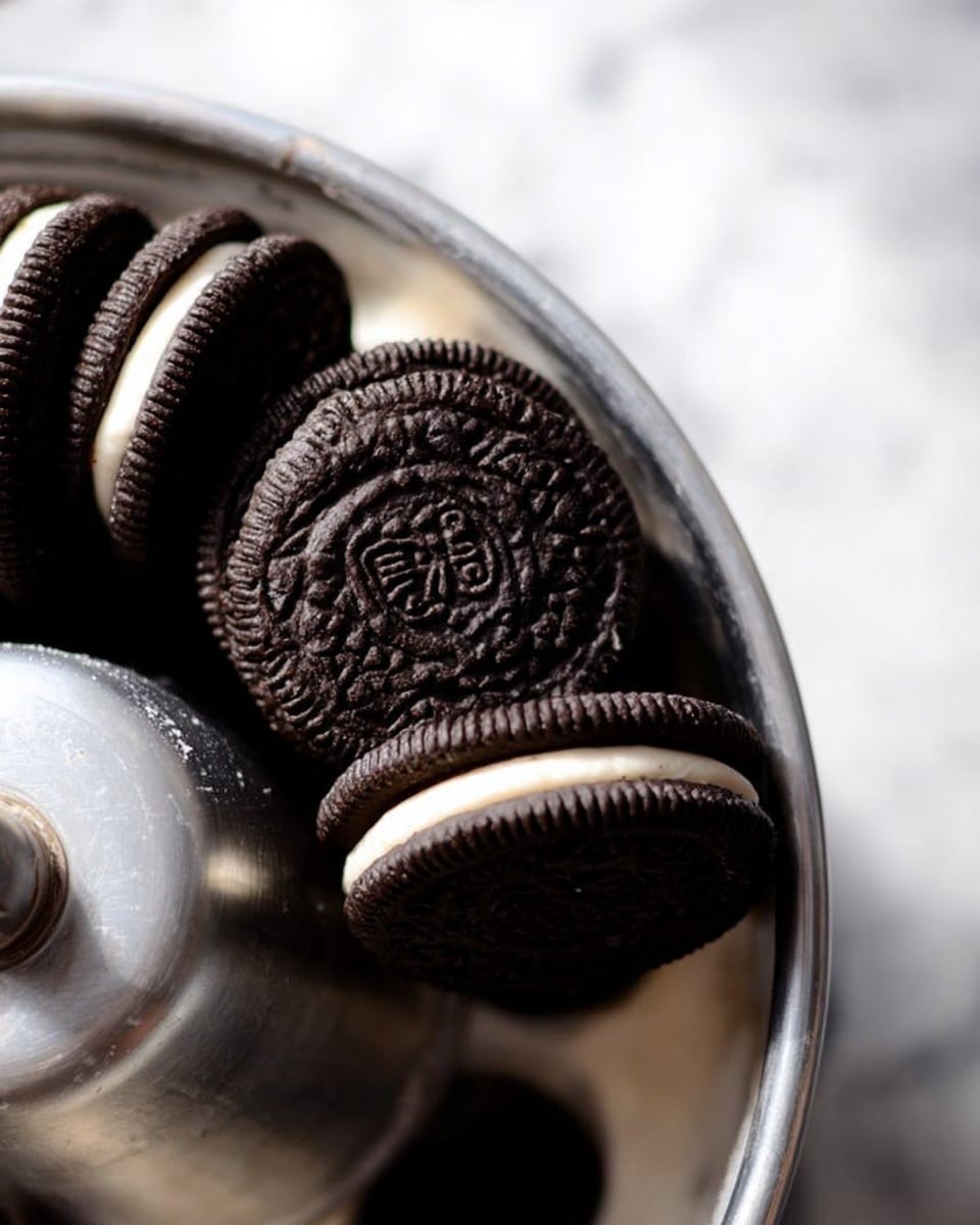 The image shows a metal mixer bowl with several dark chocolate sandwich cookies with white cream filling, standing upright and arranged closely in a line along the edge of the metal base inside the bowl. The background is a white marbled texture surface. The cookies have a detailed textured pattern on the outer dark cookie layers, and the white cream layers are visible between the chocolate cookie parts. Photo taken with an iphone --ar 4:5 --v 7