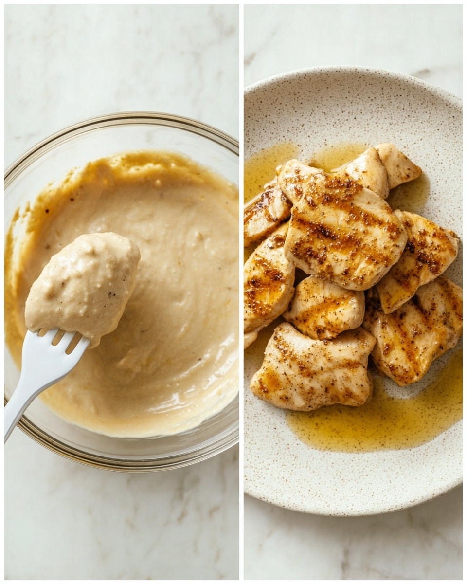 The image shows two scenes side by side on a white marbled surface. On the left, a close-up of a creamy beige mixture with a smooth texture covers a piece of raw chicken held by a white fork inside a clear glass bowl. On the right, the cooked chicken pieces are stacked on a white plate, each piece a golden brown color with a slightly crispy texture and visible grill marks, lying in a small pool of light oil or juices. The plate has a rough, slightly speckled finish. photo taken with an iphone --ar 4:5 --v 7
