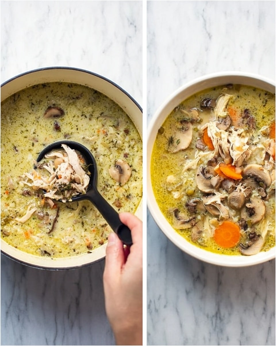 The image shows two round white pots on a white marbled surface, both filled with creamy soup. The pot on the left has soup with a light greenish creamy base, dotted with pieces of mushroom, and a woman's hand holding a black slotted spoon scooping shredded light brown meat from the soup. The pot on the right is filled with a yellowish creamy soup containing sliced mushrooms, thin orange carrot rounds, and shredded light brown meat scattered throughout. Both soups have a textured, chunky appearance with visible herbs and vegetables. photo taken with an iphone --ar 4:5 --v 7