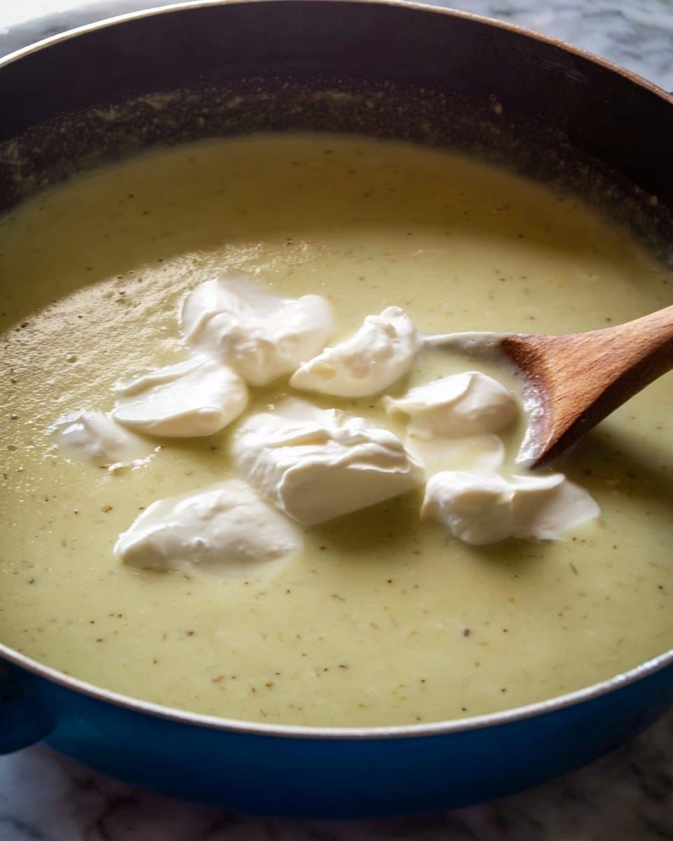 A close-up view of a blue pan filled with thick, light green soup that has a smooth texture with tiny specks. In the middle, there are several large dollops of creamy white sour cream sitting on top of the soup. A wooden spoon is partially dipped into the soup on the right side. The pan sits on a white marbled surface. photo taken with an iphone --ar 4:5 --v 7