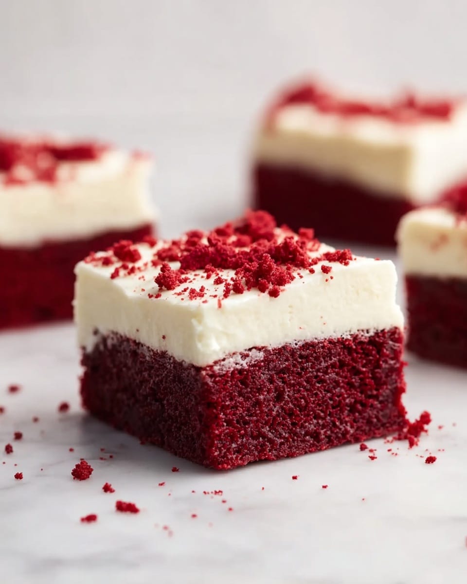 A square piece of red velvet cake with two layers is shown on a white marbled surface. The bottom layer is a deep red, moist cake with a soft texture. The top layer is creamy white frosting smooth and thick, evenly spread over the cake. Small red cake crumbs are sprinkled on top of the frosting and scattered around the cake on the surface. In the background, two more pieces of the same cake are slightly blurred. Photo taken with an iphone --ar 4:5 --v 7
