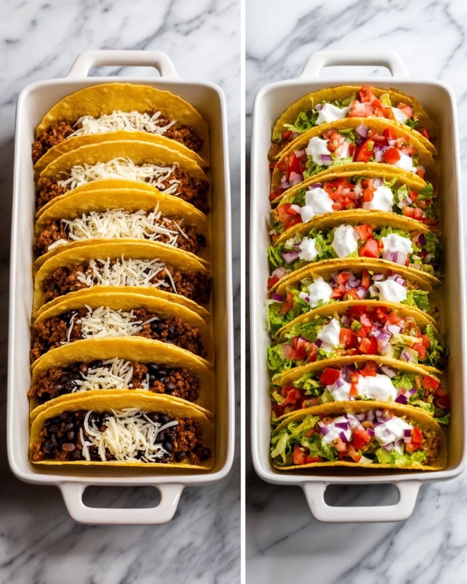 The image shows two white rectangular dishes on a white marbled surface. Each dish contains eight taco shells standing upright in two rows, filled with different layers. The left dish has golden yellow taco shells filled with a base layer of cooked ground beef topped with melted white cheese that slightly covers the meat. The right dish has golden yellow taco shells filled with multiple colorful layers; a first dark layer (likely meat or beans), topped by chopped green lettuce, finely chopped red onions, diced red tomatoes, and dollops of white sour cream placed evenly on each taco. The tacos' colors are vibrant against the white dish and marble. Photo taken with an iphone --ar 4:5 --v 7