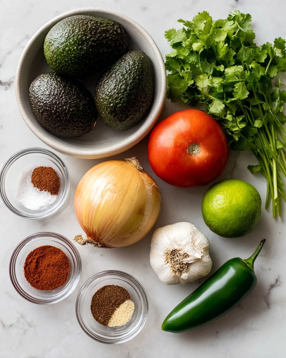 The image shows four dark green avocados placed inside a white bowl on the left side. On the right, a bright red tomato sits near a small bunch of fresh green cilantro at the top. Below the tomato, there is a round yellow onion with parts of its skin peeling off and a white garlic bulb beside it. A small dark green jalapeno lies near the bottom right. Above them, three small clear glass bowls hold brown cumin powder, white salt or garlic salt, and reddish chipotle powder. A whole bright green lime is positioned near the center. All items rest on a white marbled surface photo taken with an iphone --ar 4:5 --v 7
