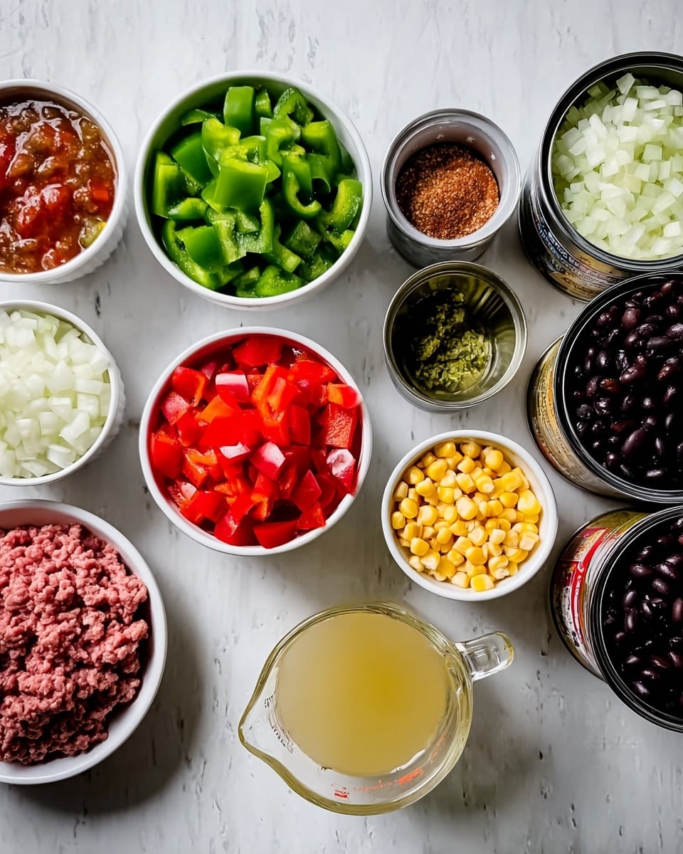 The image shows a white marbled surface with several small white bowls and opened cans arranged neatly. From left to right, there is a white bowl with green bell pepper pieces, a white bowl with red bell pepper pieces, and a white bowl with white chopped onions. In front of these bowls, there is a clear glass measuring cup filled with a light yellow liquid. Nearby, a measuring cup holds yellow corn kernels. Behind, three opened cans are visible – two containing black beans and one with diced tomatoes. Additionally, there is a small white bowl with a reddish-brown spice mix and a small open can with green chilies. On the left side of the frame, raw ground meat is placed on a white surface. Photo taken with an iphone --ar 4:5 --v 7