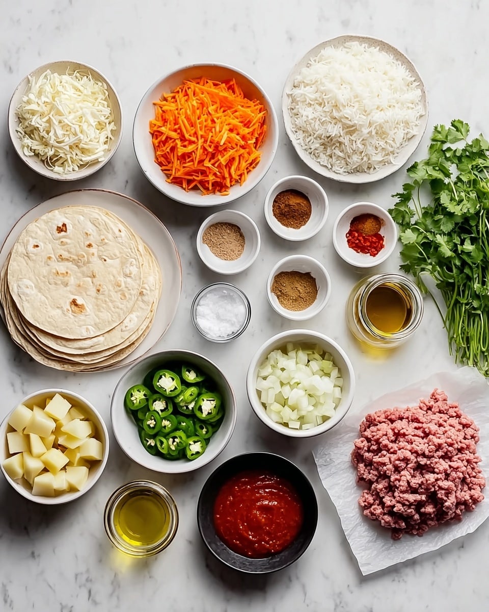 The image shows many white bowls and plates of cooking ingredients arranged neatly on a white marbled surface. On the left side, a white plate holds a stack of soft tortillas, and above it, a white bowl is filled with fluffy white rice. Moving right, a white bowl contains bright orange shredded carrots, next to small white bowls with different spices: cinnamon, cumin powder, chili powder, and dried herbs. A small white bowl with sliced green jalapeños sits near a bigger white bowl holding cubed potatoes. A white bowl of diced green bell peppers is placed near chopped white onions in a small black bowl and minced garlic in another small bowl. Toward the right side, raw ground meat rests on white parchment paper, next to a jar of broth and a bunch of fresh green herbs. There is also a bowl with bright red tomato paste and a small bowl with olive oil. A black round dish with coarse salt sits near the center. Everything is well spread out, bright, and clear. Photo taken with an iphone --ar 4:5 --v 7