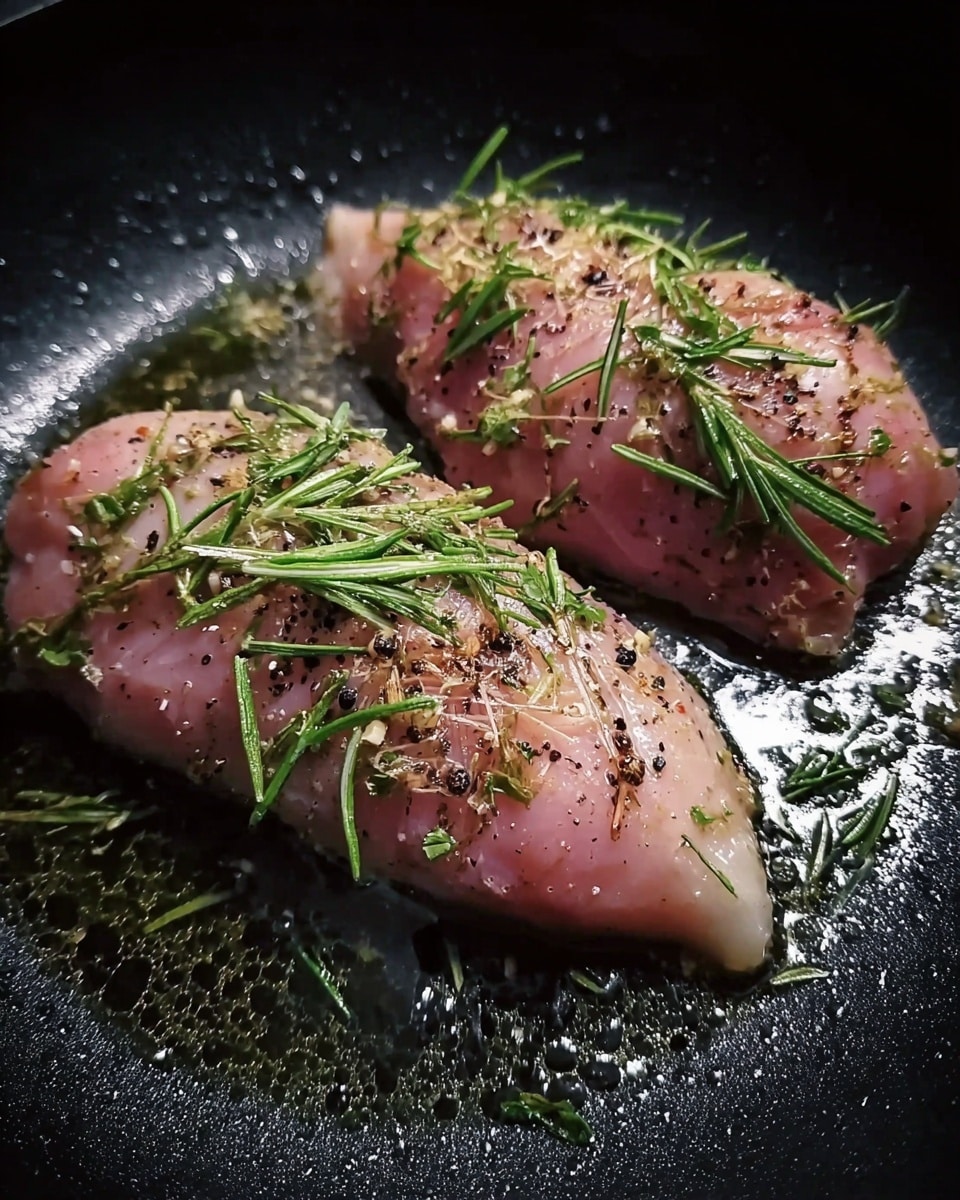 Two raw pieces of chicken lie in a black pan with bubbling oil. Each chicken piece is pink with a shiny wet texture and topped with scattered green rosemary leaves and coarse black pepper. Small bits of herbs are spread around the pan. The oil creates a light reflection on the pan's black surface. photo taken with an iphone --ar 4:5 --v 7