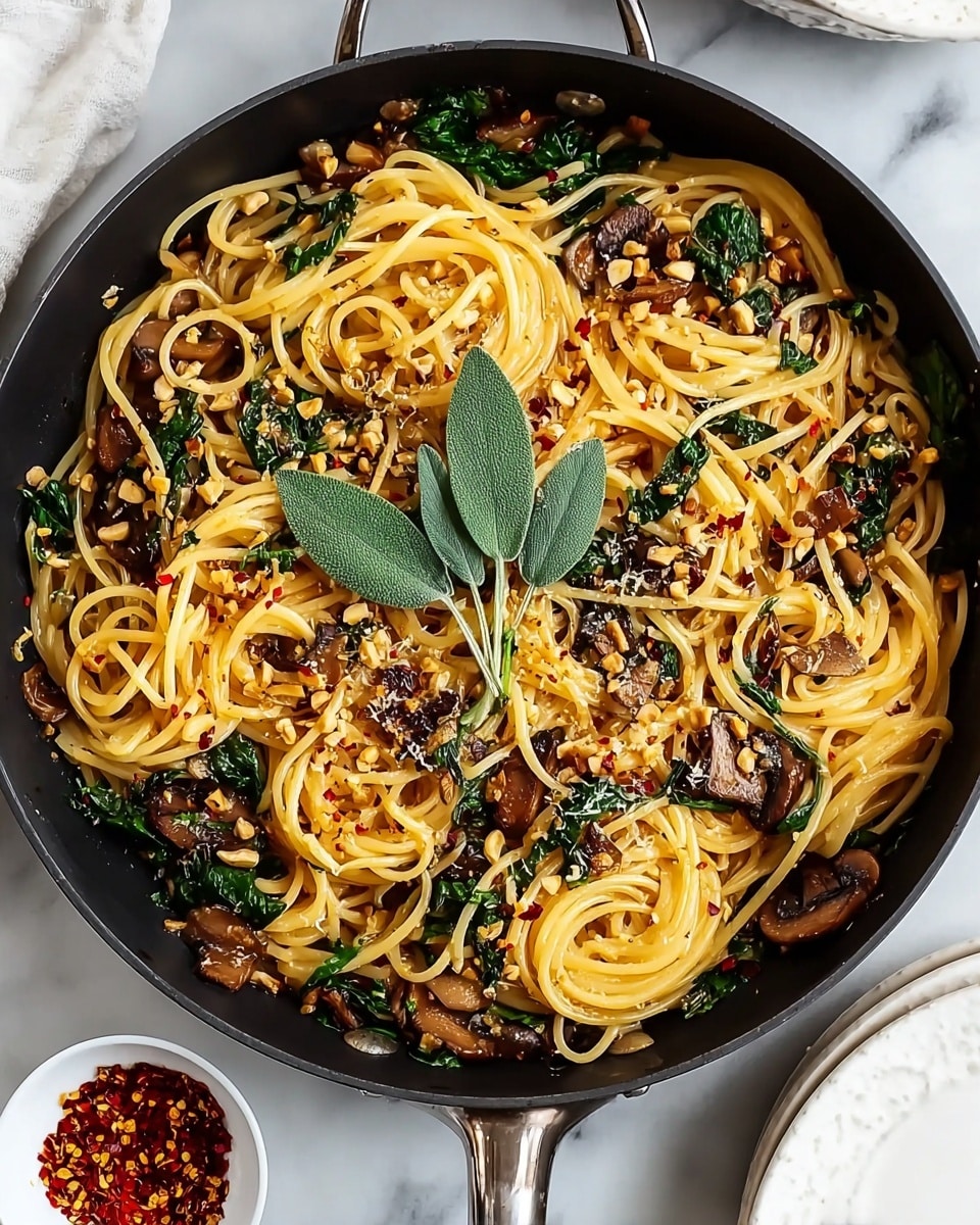 A black pan filled with spaghetti noodles twisted and mixed with cooked dark brown mushrooms and dark green spinach leaves. Small crushed pieces of light brown nuts are sprinkled evenly on top, along with red chili flakes, adding specks of red throughout. In the center of the pasta, there are five fresh sage leaves that are light green with a slightly fuzzy texture. The pan sits on a white marbled surface, with a small white bowl of red chili flakes partially visible in the bottom left corner and a stack of white plates in the bottom right corner. photo taken with an iphone --ar 4:5 --v 7