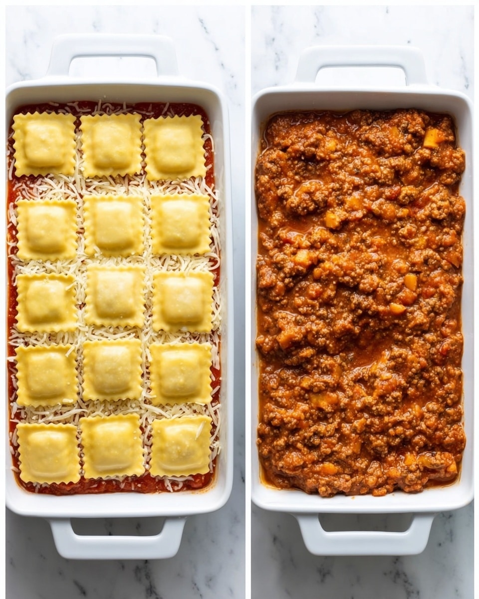The image shows two white rectangular baking dishes on a white marbled surface. The left dish has a visible bottom layer of red sauce, topped with a neat layer of shredded cheese, and then arranged with three rows of five yellow ravioli pieces, evenly spaced and covering the cheese. The edges of the ravioli are crimped, and their smooth tops show a slight shine. The right dish is filled with a thick, chunky mixture of brownish-red meat sauce with bits of tomato and cheese melted throughout, covering the entire surface evenly. The textures contrast between the smooth, neatly placed ravioli and the rough, hearty sauce in the other dish. photo taken with an iphone --ar 4:5 --v 7