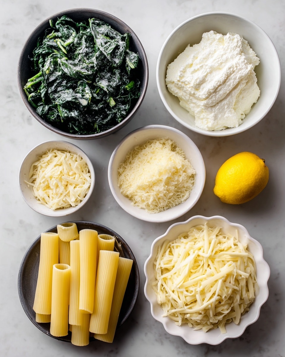 The image shows five bowls of ingredients arranged on a white marbled surface. At the top left, there is a dark bowl filled with dark green frozen spinach pieces that have a frosty texture. To the right of it, a white bowl is full of smooth, white ricotta cheese with a slightly grainy surface. Above the ricotta, there is a smaller white bowl containing pale yellow parmesan cheese with a crumbly texture. Below the frozen spinach bowl, there is a dark bowl holding light yellow cannelloni tubes, smooth and hollow. At the bottom right, a white scalloped plate holds shredded mozzarella cheese, pale yellow and soft-looking. A whole bright yellow lemon is placed between the ricotta bowl and the cannelloni bowl. photo taken with an iphone --ar 4:5 --v 7