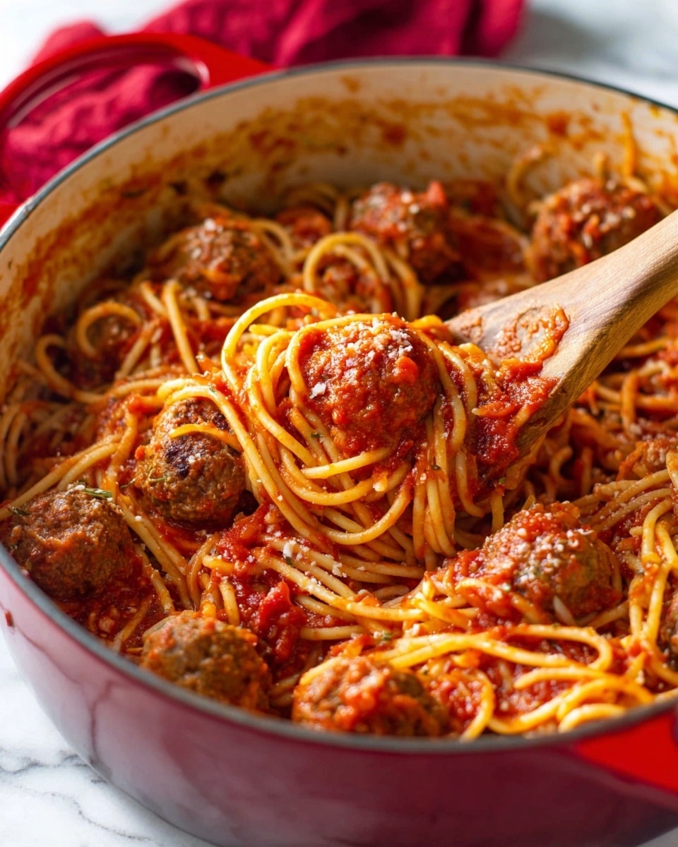 A close-up view of a red pot filled with a mix of spaghetti and meatballs coated in red tomato sauce. The spaghetti strands are light yellow, twisted around and mixed evenly with chunky red tomato sauce pieces. Several round meatballs, brown with bits of sauce clinging to them, are scattered throughout the pot. A wooden spoon, partially covered with sauce, lifts some spaghetti and a meatball from the pot. The pot sits on a white marbled surface with part of a white bowl and a red cloth visible in the background. Photo taken with an iphone --ar 4:5 --v 7