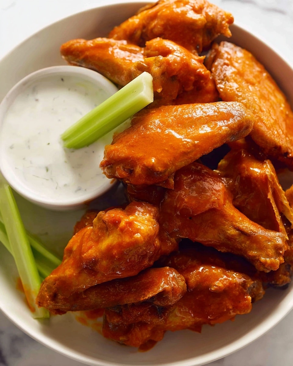 A white bowl full of many shiny, orange buffalo chicken wings stacked closely together, each wing covered in smooth sauce. In the top left corner inside the bowl, there is a small white bowl filled with thick white ranch sauce with two green celery sticks partially dipped into it. The bowl sits on a white marbled surface. photo taken with an iphone --ar 4:5 --v 7
