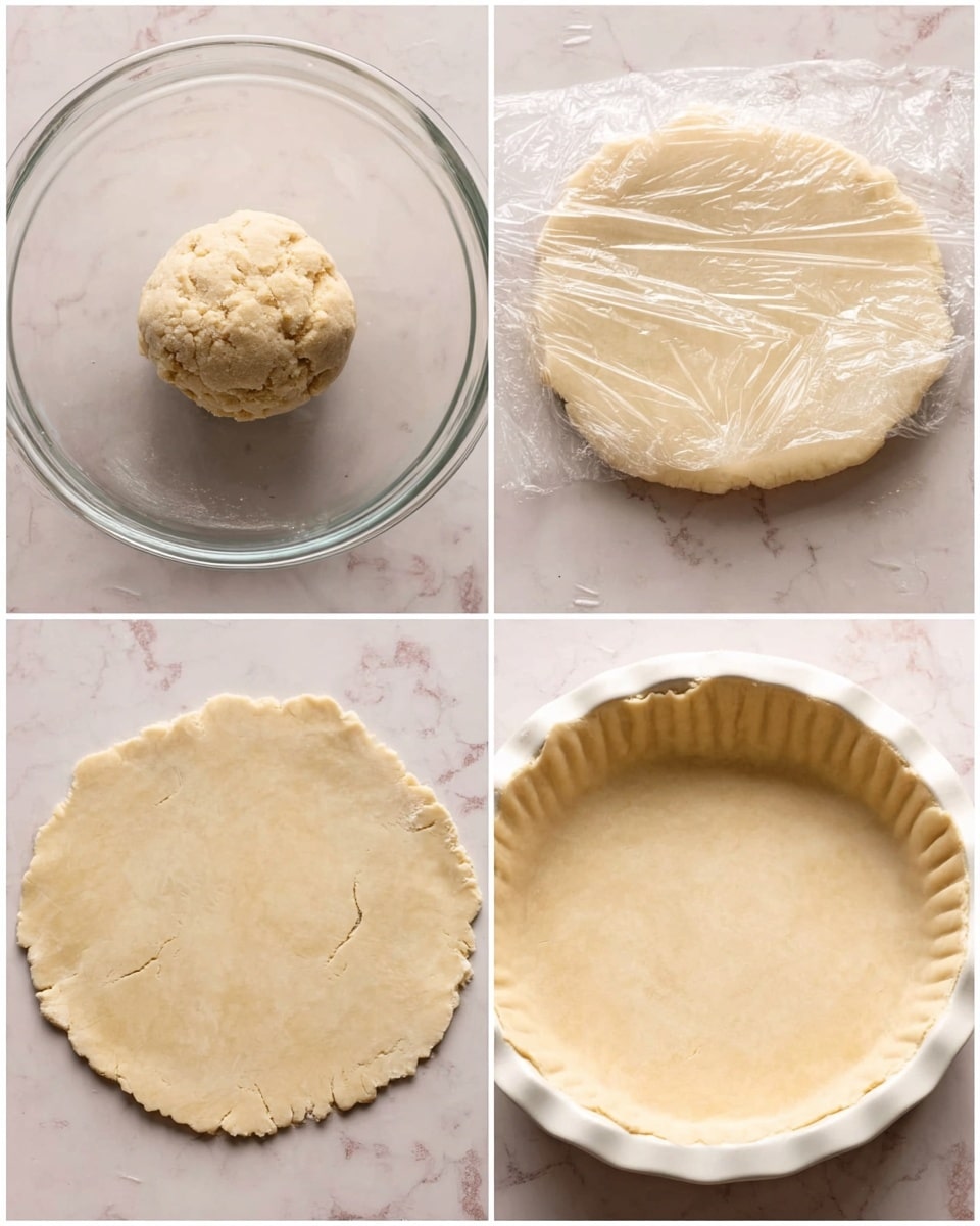 The image shows four steps of making dough for a pie crust, arranged in a grid. The first layer at the top left is a round ball of dough with a crumbly texture sitting inside a clear glass bowl on a white marbled surface. The second layer at the top right shows the dough ball flattened into a disk shape and covered with clear plastic wrap, also on the white marbled surface. The third layer at the bottom left displays the dough rolled out into a large, thin, round sheet with slightly uneven edges, lying directly on the white marbled surface. The final layer at the bottom right shows the dough pressed into a white pie dish, its edges crimped evenly with fork marks all around. Photo taken with an iphone --ar 4:5 --v 7