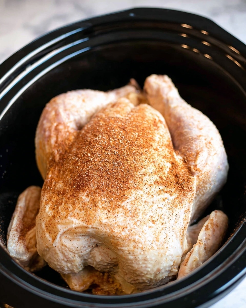 A whole raw chicken lies in a black oval slow cooker, skin pale with a soft, slightly shiny texture, and it is sprinkled evenly with a fine layer of reddish-brown dry seasoning covering the top and parts of the legs, with seasoning granules visible against the smooth skin. The chicken fills most of the slow cooker space, sitting flat with the legs tucked in. The image shows the slow cooker edge slightly blurred, giving a close-up focus on the chicken. The background is a white marbled surface photo taken with an iphone --ar 4:5 --v 7