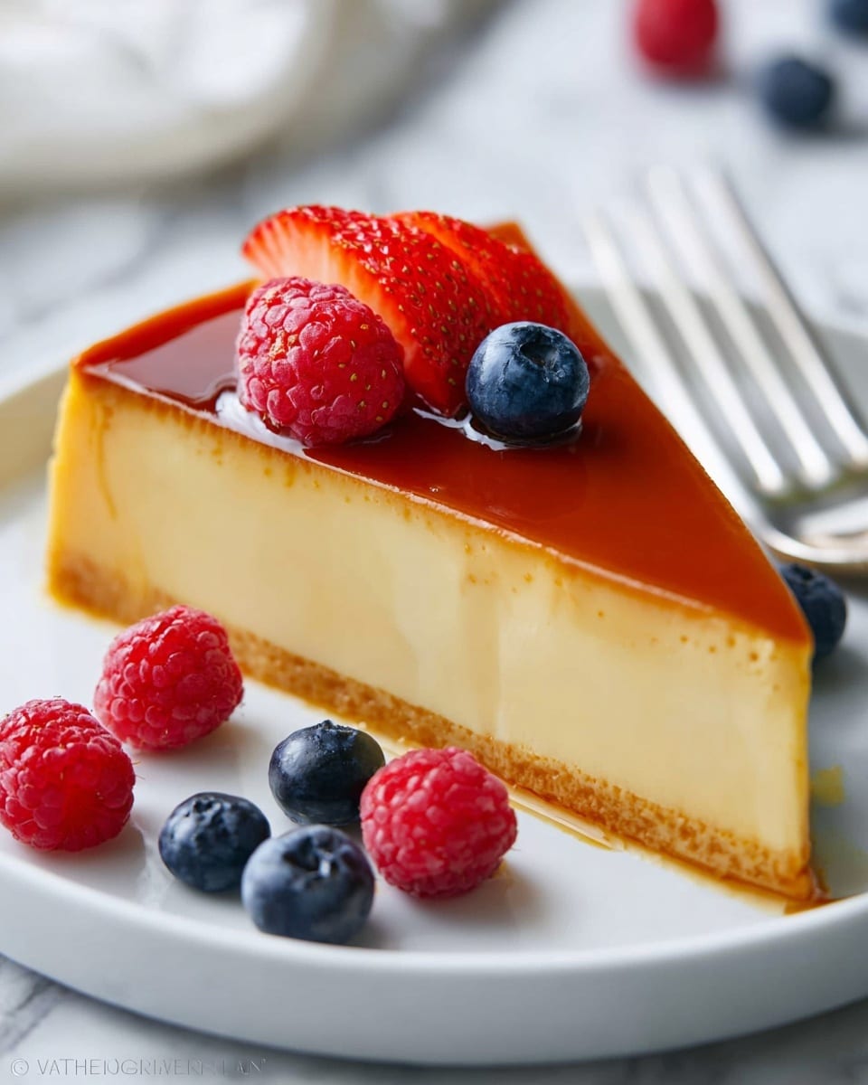 A slice of flan with three visible layers sits on a white plate with a white marbled surface. The bottom layer is thin and golden brown, the middle layer is thick and creamy pale yellow, and the top layer is a smooth, shiny caramel brown glaze. On top of the flan are fresh fruits: one red raspberry, one sliced red strawberry, and two small dark blue blueberries. Around the plate, more fresh fruits are scattered, including two red raspberries and five dark blue blueberries. In the background, a silver fork lies across the plate. Photo taken with an iphone --ar 4:5 --v 7