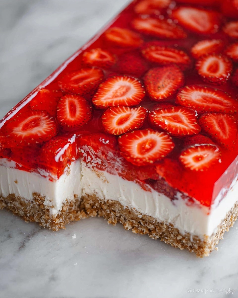 A rectangular dessert with three clear layers is shown, placed on a white marbled surface. The bottom layer is made of a crumbly, light brown crust with a rough texture. The middle layer is thick and creamy white, smooth and dense. The top layer is a shiny, bright red gelatin with many slices of fresh strawberries embedded in it, showing their detailed seeds and inner texture. A section of the dessert has been removed, revealing the distinct layers clearly. photo taken with an iphone --ar 4:5 --v 7