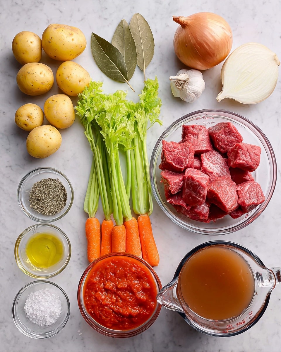 The image shows fresh ingredients arranged neatly on a white marbled surface, including five small yellow potatoes on the left, three celery stalks with bright green leaves in the center, and six orange carrots next to the celery. Above these, there is a whole light brown onion and three peeled garlic cloves. To the right, there are two clear glass bowls containing red tomato paste and white flour, with a larger bowl filled with raw red beef chunks beside them. Next to these bowls, there is a clear measuring cup filled with brown broth. On the far left, there are small glass bowls containing olive oil and a mix of salt and black pepper, as well as a bowl of mixed dried herbs, and two bay leaves resting above the onion and celery. The items are spread out clearly, showing fresh textures and natural colors photo taken with an iphone --ar 4:5 --v 7