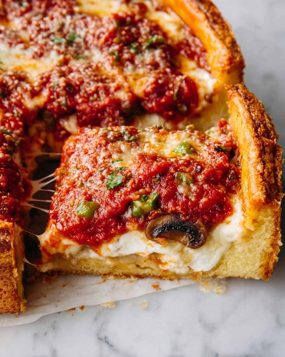 This image shows a close-up of a deep-dish pizza slice being pulled away from the whole pizza, revealing three distinct layers: a golden-brown thick crust with a crispy texture at the bottom, topped with a layer of melted white cheese with some brown, toasted spots, and covered by a thick layer of chunky, bright red tomato sauce with bits of green and brown mushrooms visible beneath the sauce. The pizza rests on a white marbled textured surface. Photo taken with an iphone --ar 4:5 --v 7