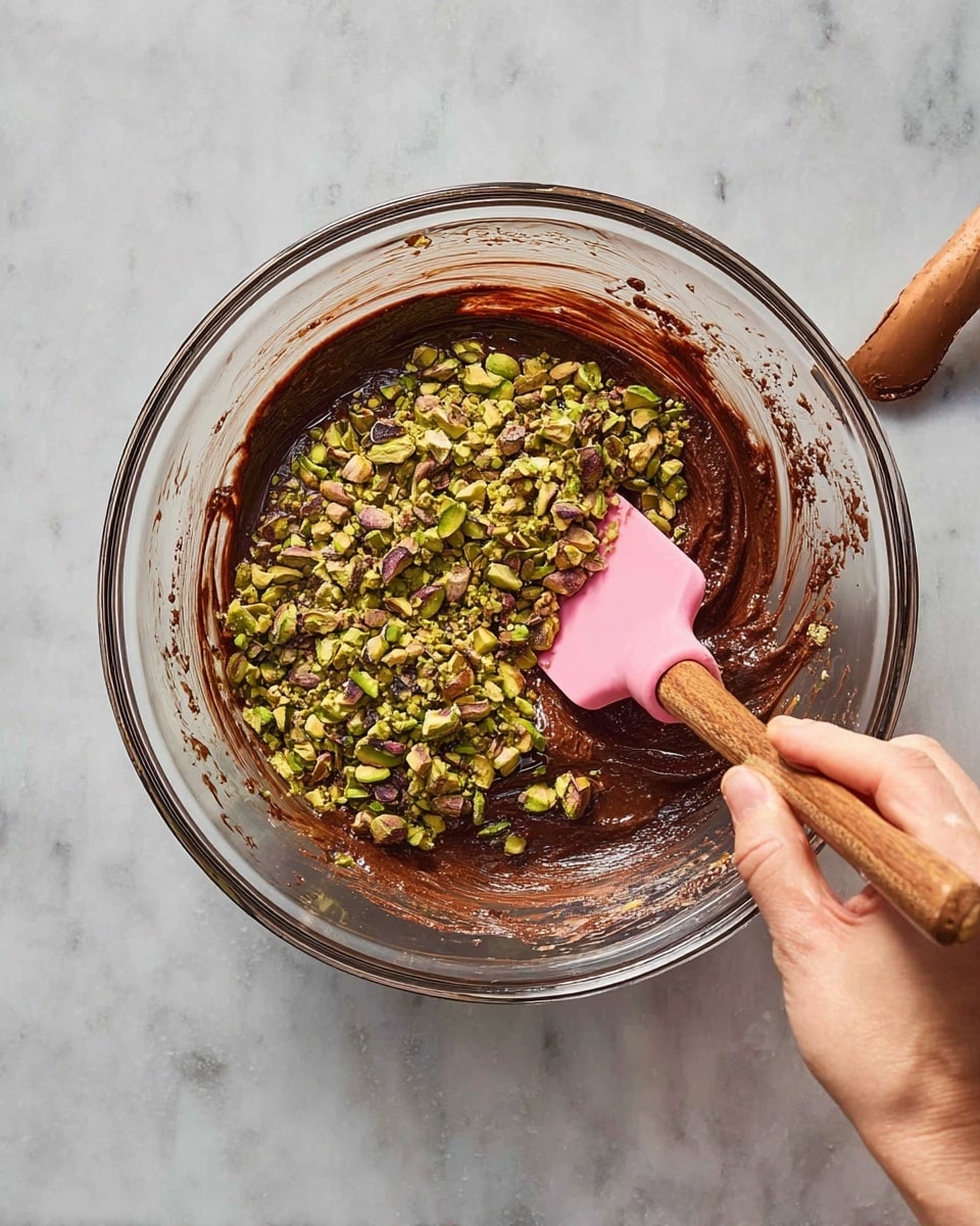 A clear glass bowl on a white marbled surface holds a rich, dark brown chocolate mixture with a thick texture. On top of the chocolate layer, there is a ring of chopped green and light brown pistachios spread unevenly, adding a coarse texture. A woman's hand is holding a pink silicone spatula with a wooden handle, stirring the mixture so the pistachios cling to the spatula. The bowl has visible reflections, showing its transparent quality, and the spoon is casting a slight shadow inside the bowl. Photo taken with an iphone --ar 4:5 --v 7