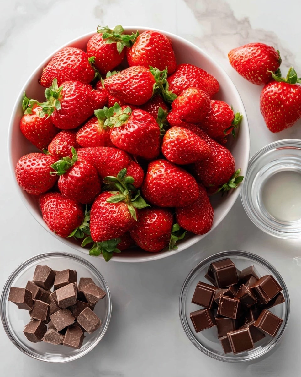 A white bowl filled with a pile of bright red strawberries with green leafy tops, placed on a white marbled surface. Around the bowl are three clear glass bowls, one with small light brown milk chocolate pieces, another with small dark brown semi-sweet chocolate pieces, and the third with clear coconut oil. Each bowl is arranged neatly and spaced apart. The colors are vivid, and the textures of the strawberries and chocolate cubes stand out clearly. photo taken with an iphone --ar 4:5 --v 7