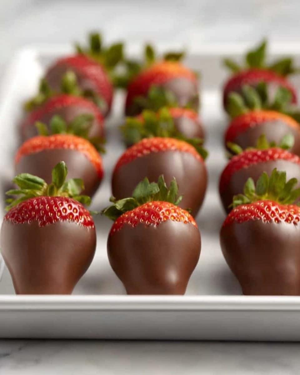 The image shows one layer of large strawberries dipped in smooth brown chocolate, arranged neatly on a white tray. Each strawberry has a bright red part visible at the top with green leaves, while the rest is fully covered in an even layer of shiny chocolate. The strawberries rest on the white tray, which is placed on a white marbled surface. The background is softly out of focus with white tones. photo taken with an iphone --ar 4:5 --v 7