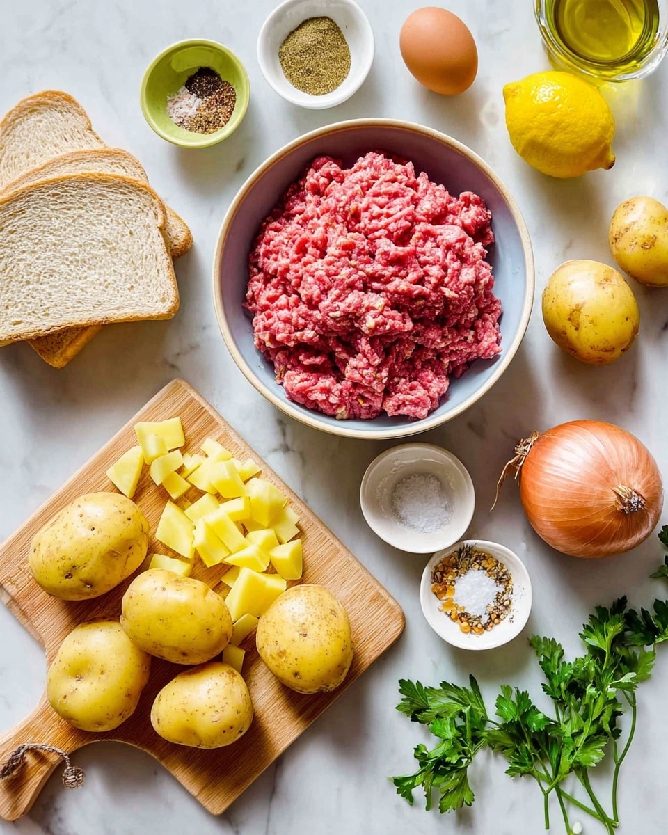 A top view of a white bowl filled with fresh red ground meat placed on a light wooden cutting board with chopped yellow potato pieces beside it. Three whole yellow potatoes, a brown and a red onion with peeled skin, and a sliced lemon are arranged around the cutting board on a white marbled surface. Small white bowls with different spices and salt are placed above the cutting board, with a single brown egg and two slices of light bread on the left side. A clear glass container with oil and some green parsley leaves complete the setup. photo taken with an iphone --ar 4:5 --v 7