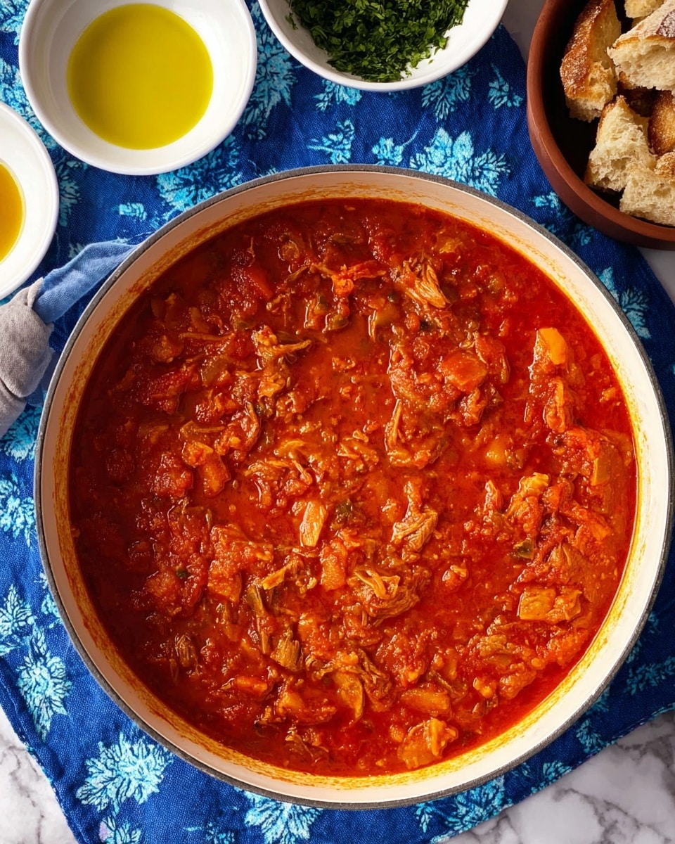 A large white pot filled with a thick, bright red tomato stew that has visible chunks of soft, cooked vegetables and pieces of meat, creating a textured surface with a rich, oily shine. The pot rests on a rich blue cloth atop a white marbled surface with blue floral patterns. Around the pot, there is a small white bowl with bright yellow oil on the top left, a white bowl with green leafy herbs on the far left, and a small brown bowl with irregular pieces of torn bread on the top right. The scene is brightly lit, showing the vibrant colors and textures clearly. photo taken with an iphone --ar 4:5 --v 7