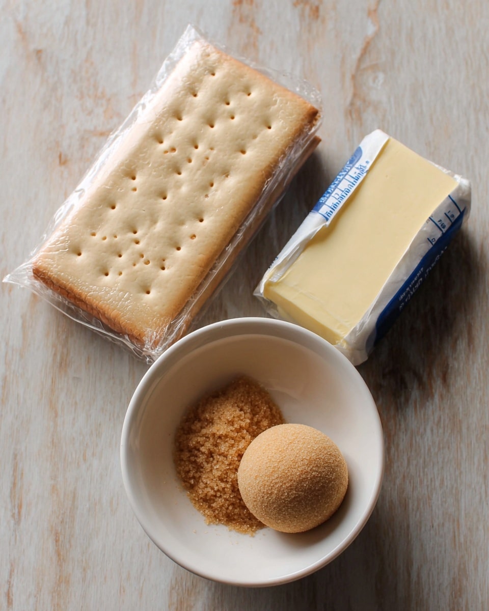 The image shows three cooking ingredients placed on a white marbled textured surface. There is a block of crackers wrapped in clear plastic, showing a light beige color with small holes on the surface. Next to it, there is a stick of butter wrapped in paper with blue measurement marks on it. Below these, a small white bowl holds two rounded scoops of brown sugar, with some loose sugar grains scattered inside the bowl. photo taken with an iphone --ar 4:5 --v 7