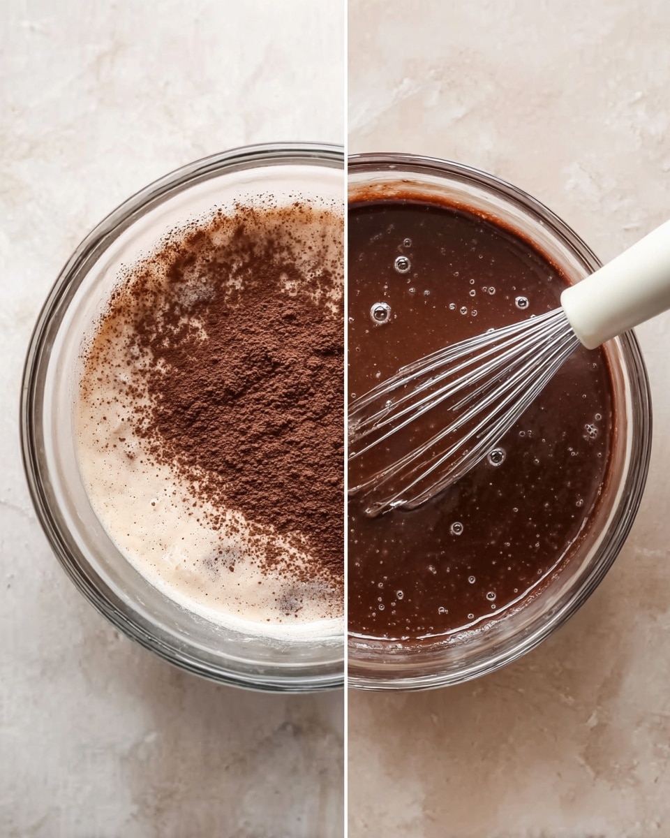 The image is split into two parts. On the left side, there is a clear glass bowl on a white marbled surface, holding dry and wet ingredients not yet mixed; the mixture is mostly light cream color with dark brown powder on top, with a white-handled whisk resting inside. On the right side, the same glass bowl shows the mixture fully blended into a smooth, dark brown batter with some small bubbles on the surface, and the same white-handled whisk inside. photo taken with an iphone --ar 4:5 --v 7
