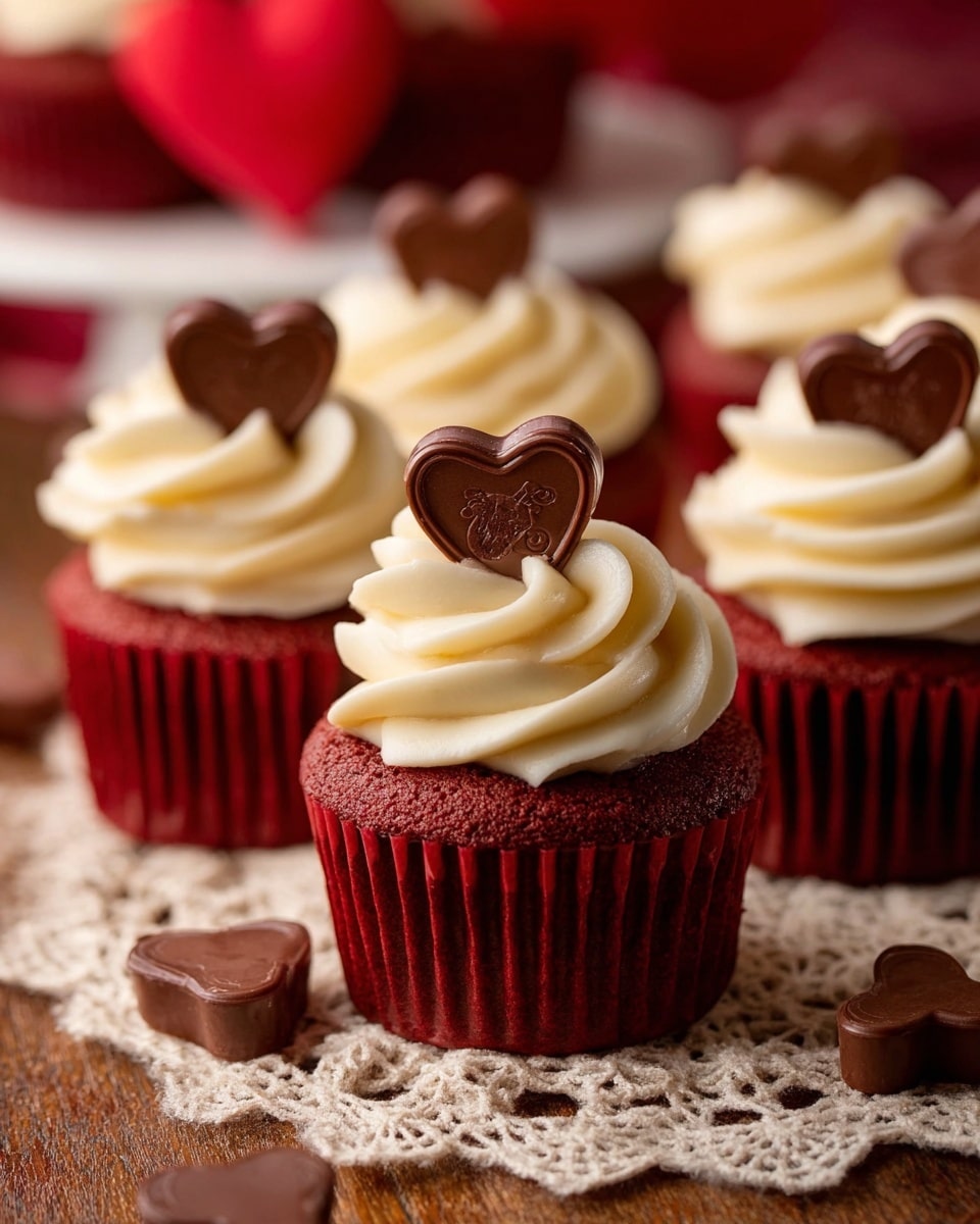 The image shows several red velvet cupcakes arranged closely on a detailed light beige lace doily over a wooden surface. Each cupcake has a deep red base with vertical ridges from the paper liners and is topped with two thick, smooth, light cream-colored frosting swirls stacked in a soft spiral. On the top of each frosting swirl sits a small heart-shaped dark chocolate piece with a slight shine and an embossed design. Scattered heart-shaped chocolate pieces lie on the wooden surface around the cupcakes. The background is blurred with a red cake and more cupcakes, all set on a white marbled surface. photo taken with an iphone --ar 4:5 --v 7