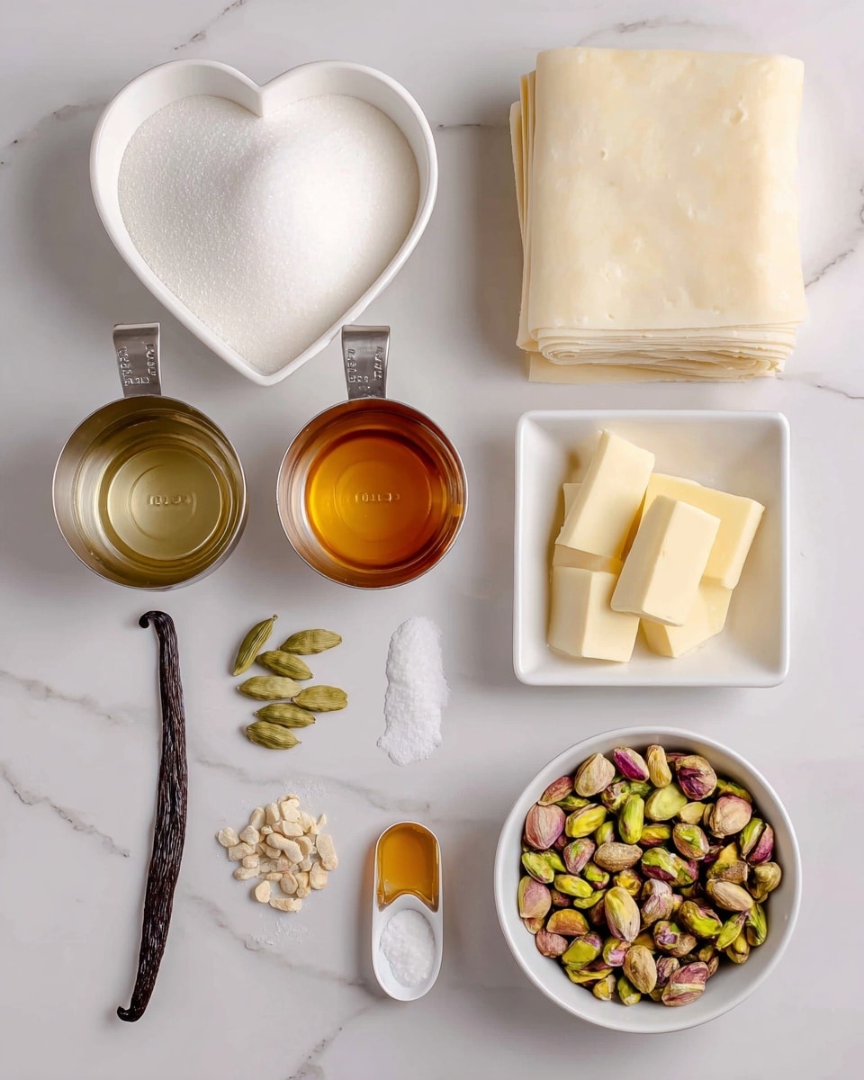 The image shows ingredients for a dessert arranged on a white marbled surface in two sections. On the left, a heart-shaped white bowl filled with white sugar sits at the top. Below it, two metal measuring cups hold clear water on the left and golden honey on the right. Next to them are small items including a dark brown vanilla bean, a few green cardamom pods, and a white measuring spoon with orange blossom water. On the right side, there is a stack of pale phyllo dough sheets at the top, a white rectangular dish with pale yellow butter sticks in the middle, and a round white bowl filled with shelled pistachios that are green and purple in color at the bottom. photo taken with an iphone --ar 4:5 --v 7