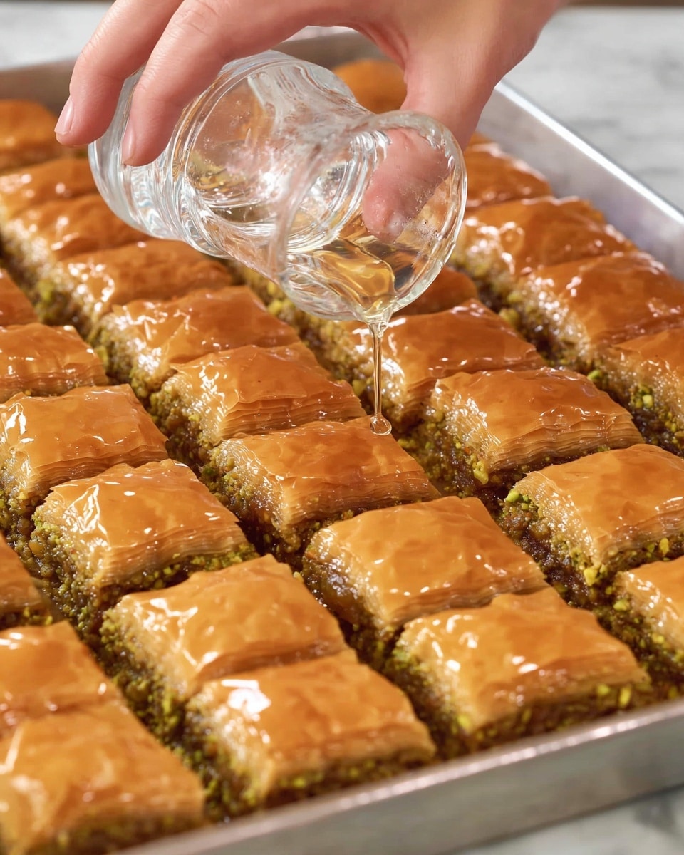 The image shows a close-up of a tray filled with square pieces of baklava arranged in a grid pattern. Each piece has multiple thin layers of shiny, golden-brown flaky pastry on top with a visible green nut filling layer beneath. A woman's hand is holding a clear glass tilted over the baklava, pouring a shiny syrup that glistens on the surface of the pastry. The tray rests on a white marbled textured surface. photo taken with an iphone --ar 4:5 --v 7