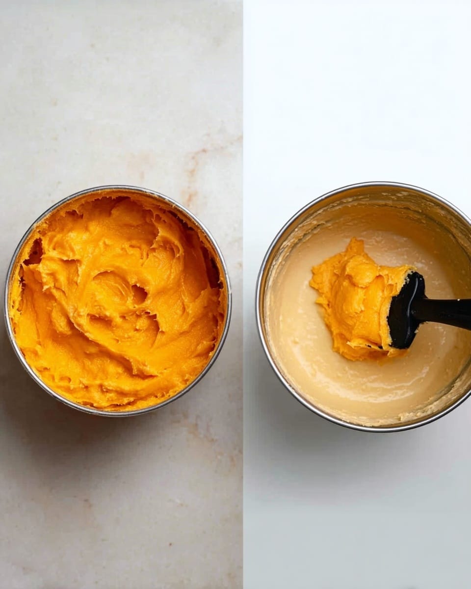 The image shows two metal containers on a white marbled surface. On the left, a round metal container is filled with thick, bright orange creamy mixture with a slightly uneven surface texture. On the right, a round metal bowl holds a smooth light beige batter, with a black spatula dipping into it, lifting some of the bright orange mixture from the left container. The contrast between the thick orange mixture and the smooth beige batter is clear, and the scene is brightly lit, showing the different textures. photo taken with an iphone --ar 4:5 --v 7